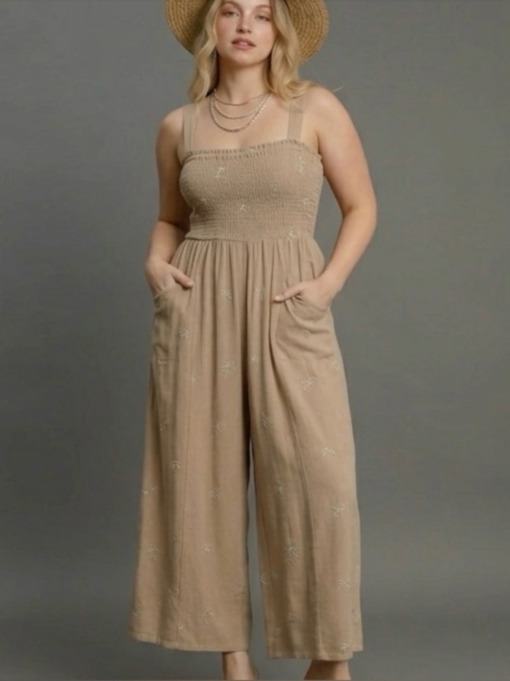 Umgee Jumpsuit, NWT, S, Linen Blend Sleeveless Smocked, color tan , P2P:15”-24”